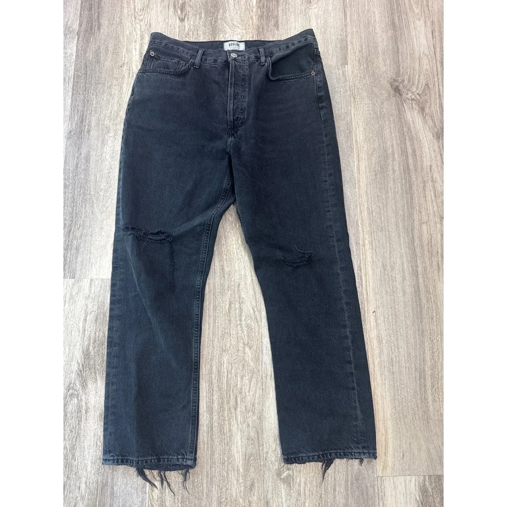 Agolde Riley High Rise Straight Leg Jeans Faded Black Distressed Size 30